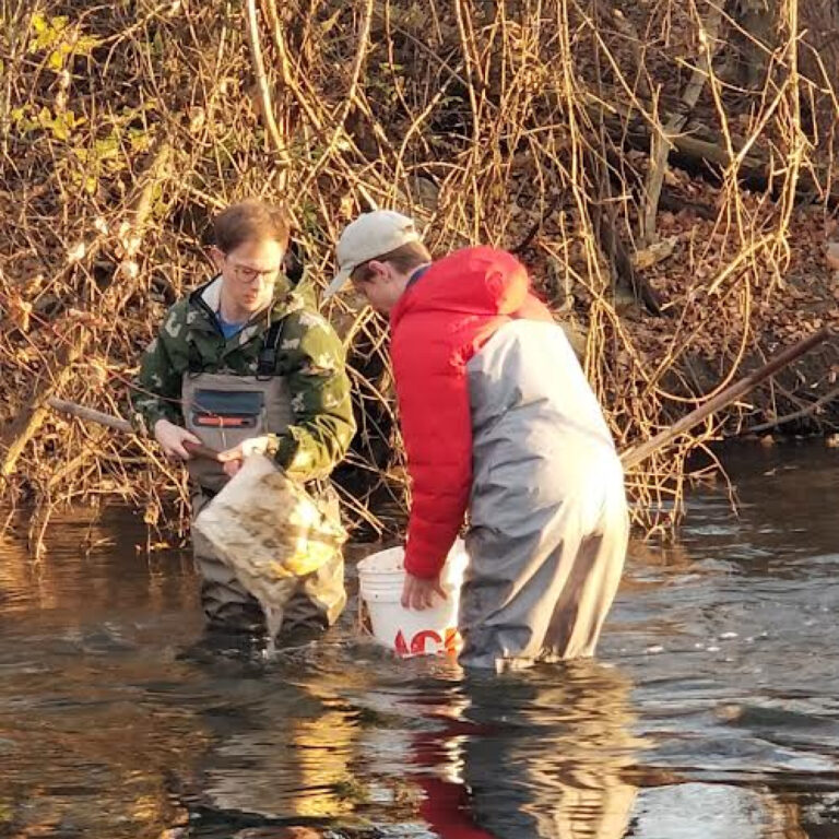 WMEAC staff member Kyle Hart (right) and Stream Keeper Josh collect macroinvertebrates from Buck Creek.
