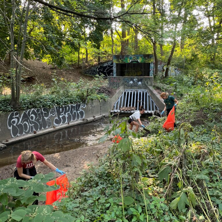 Volunteers remove trash from Coldbrook Creek at Highland Park as part of our 2022 Mayors' Grand River Cleanup.